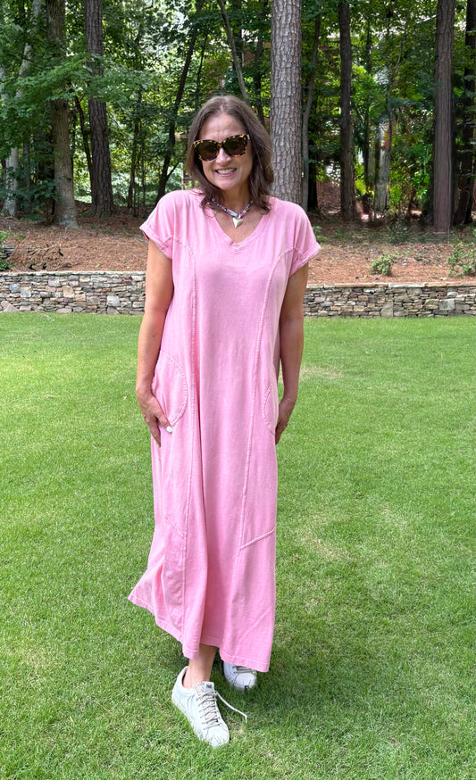 Washed Cotton V Neck Maxi Dress / 3 colors