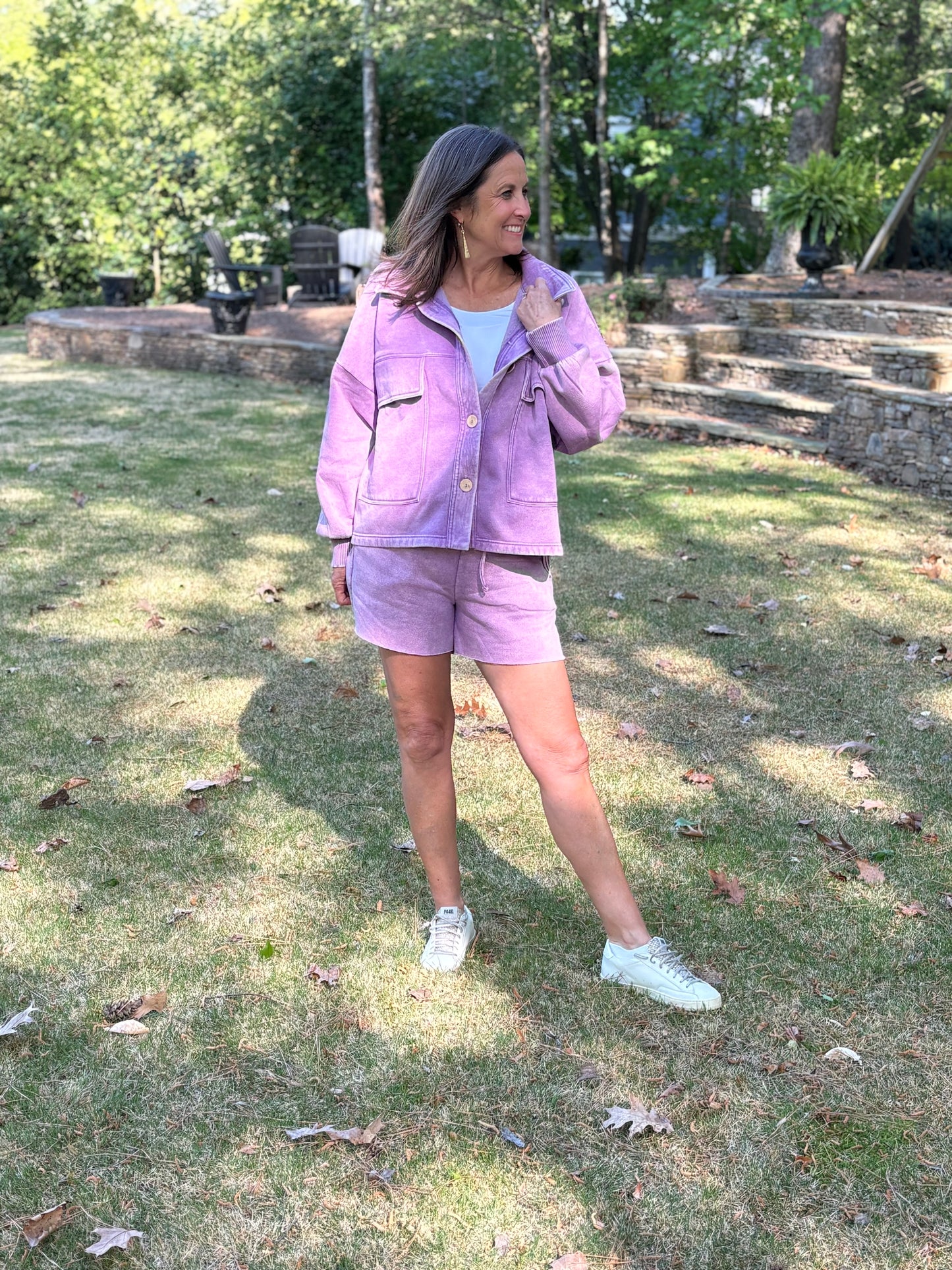 Acid washed light fleece button front jacket / 2 colors