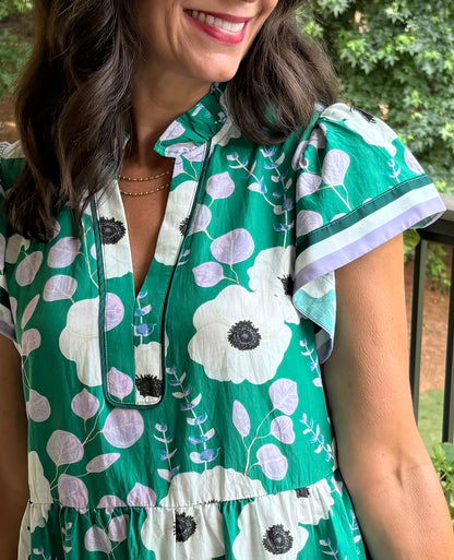 Green V Neck Ruffled Short Sleeve Flower Maxi Dress