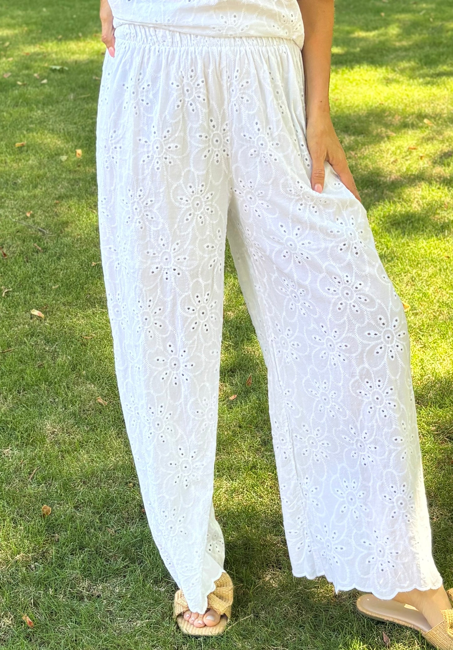 White Eyelet Scalloped Hem Pants