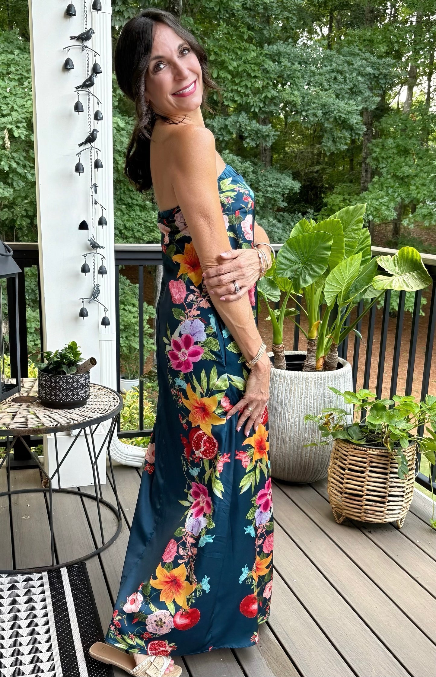 Tropical floral print strapless maxi dress