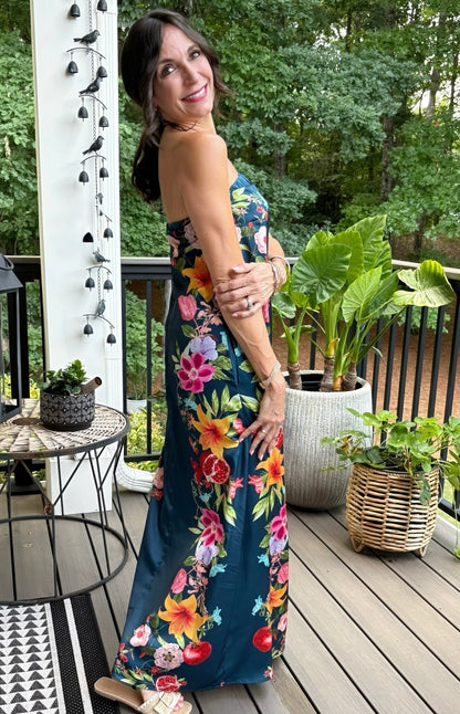 Tropical floral print strapless maxi dress