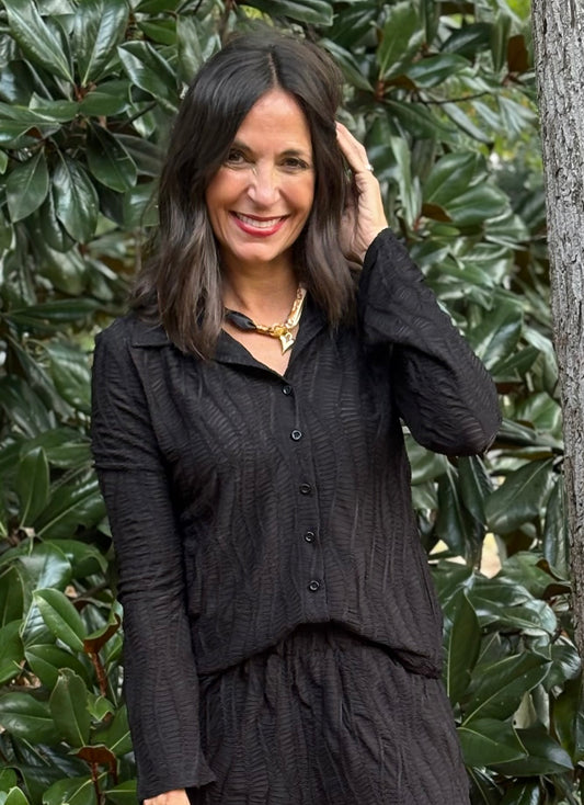 Black Textured Woven Knit Button Down Shirt
