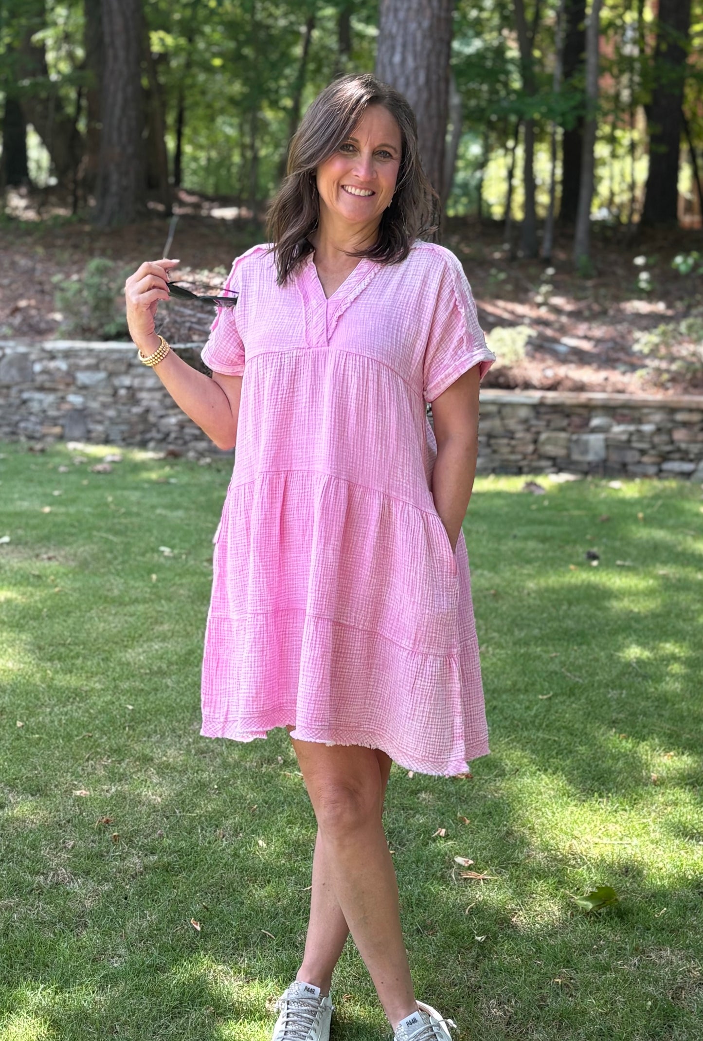 Washed Gauze Cotton V Neck Short Sleeve Dress / 2 colors