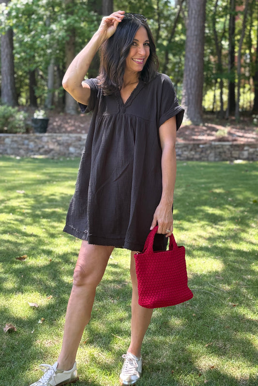 Black Double Gauze Cotton Raw Edge Dress