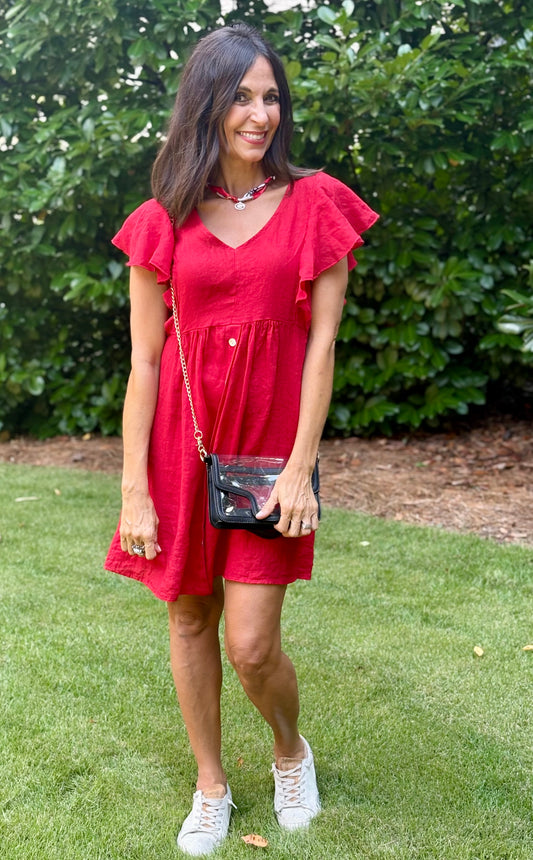 Gameday Red Short Sleeve Linen Dress