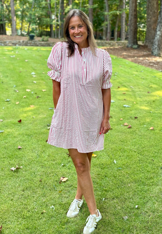 Red stripe seersucker gameday dress