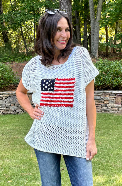 American Flag Crochet Knit Short Sleeve Sweater