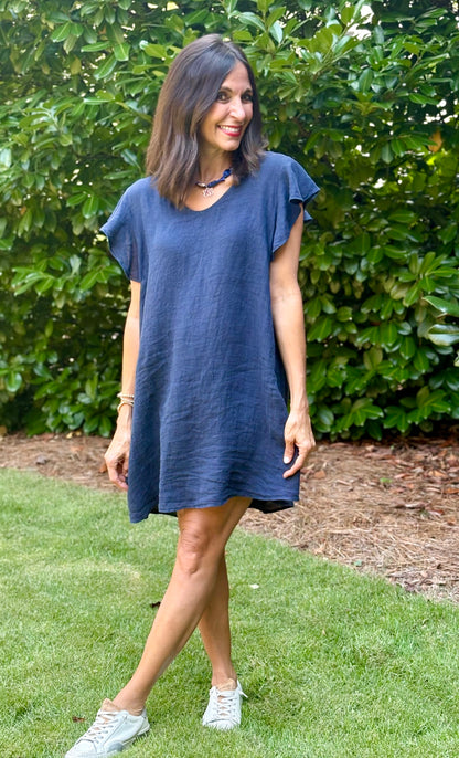Round Neck Flutter Sleeve Shift Linen Dress- 5 colors