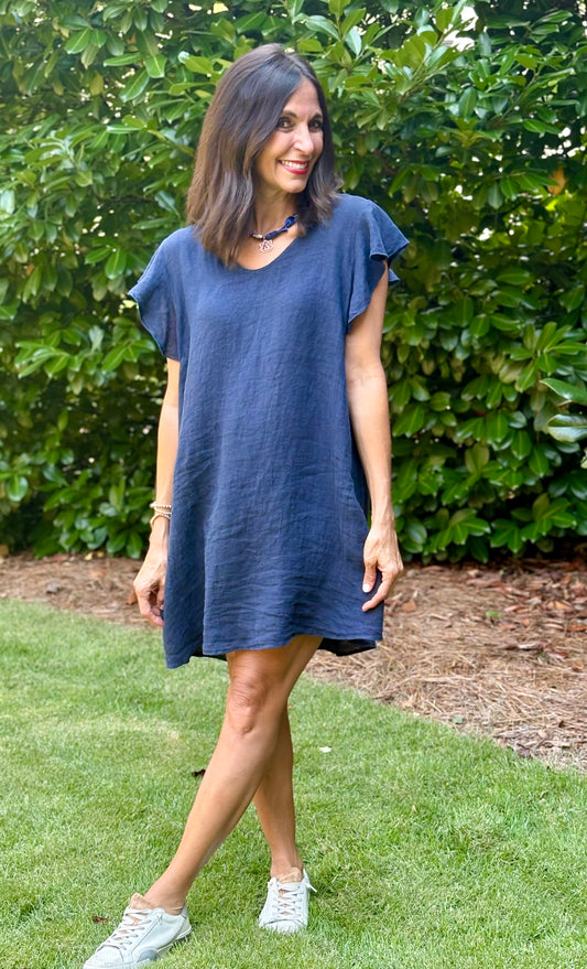 Round Neck Flutter Sleeve Shift Linen Dress- 5 colors
