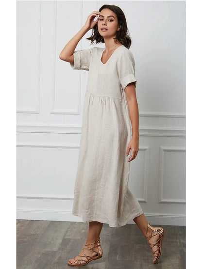 Italian Oatmeal Linen Easy Midi Dress