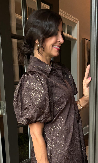 Metallic Brown Puff Sleeve Midi Dress