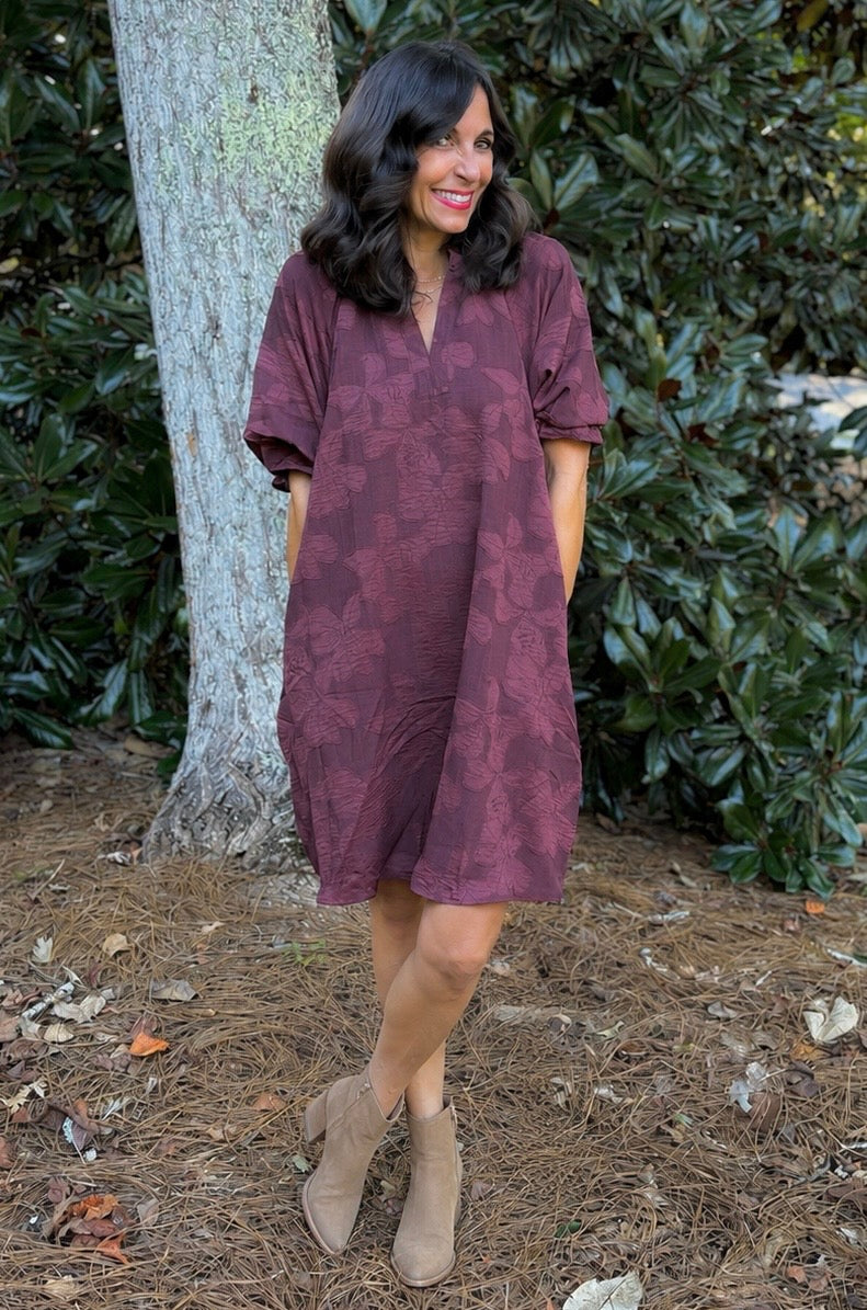 Floral Textured Jacquard V-Neck Dress / 2 colors