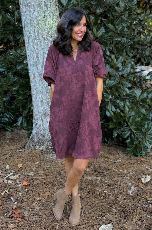 Floral Textured Jacquard V-Neck Dress / 2 colors