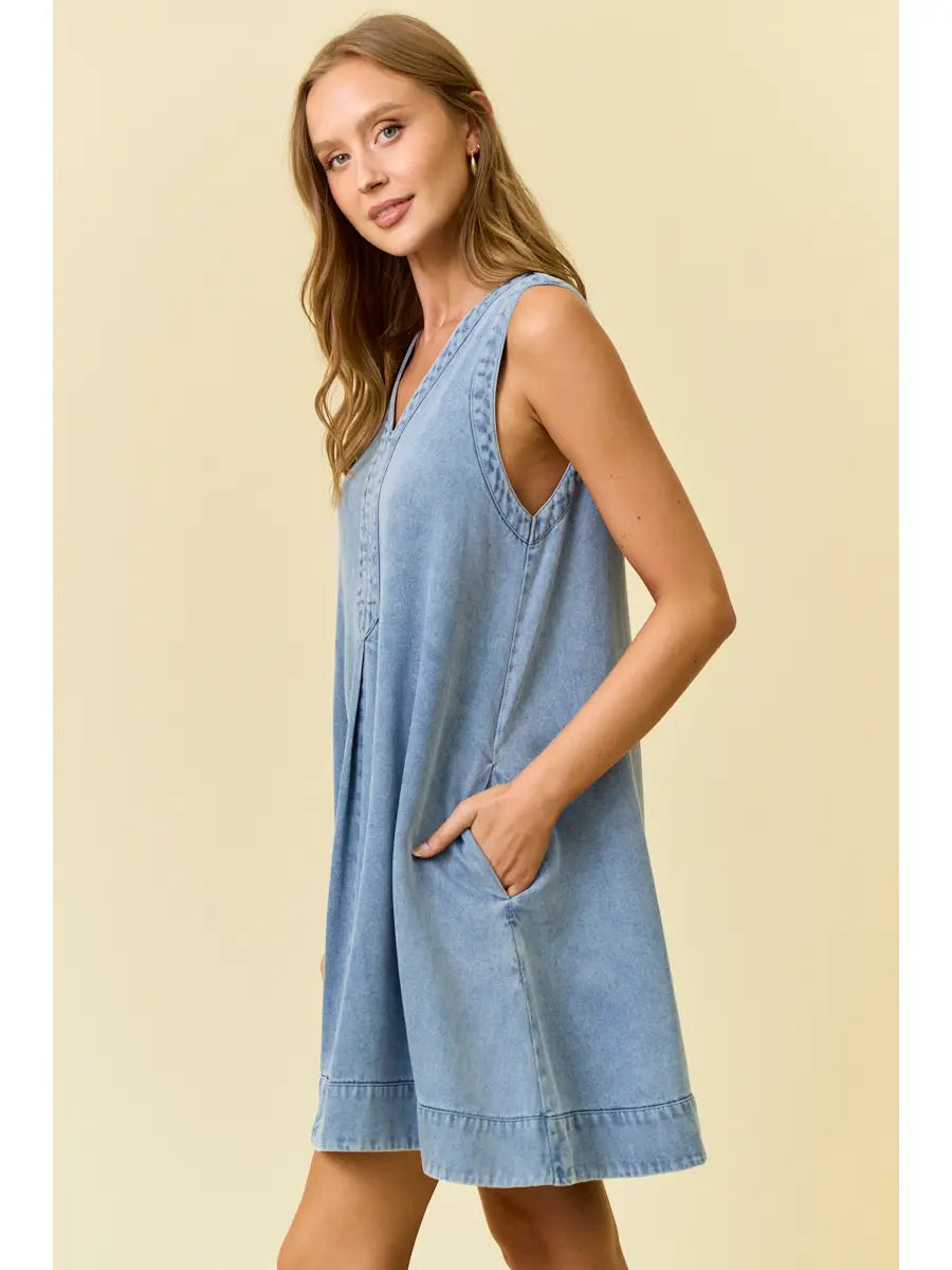 Denim V-Neck Sleeveless A-Line Dress