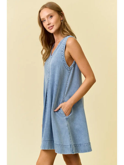 Denim V-Neck Sleeveless A-Line Dress