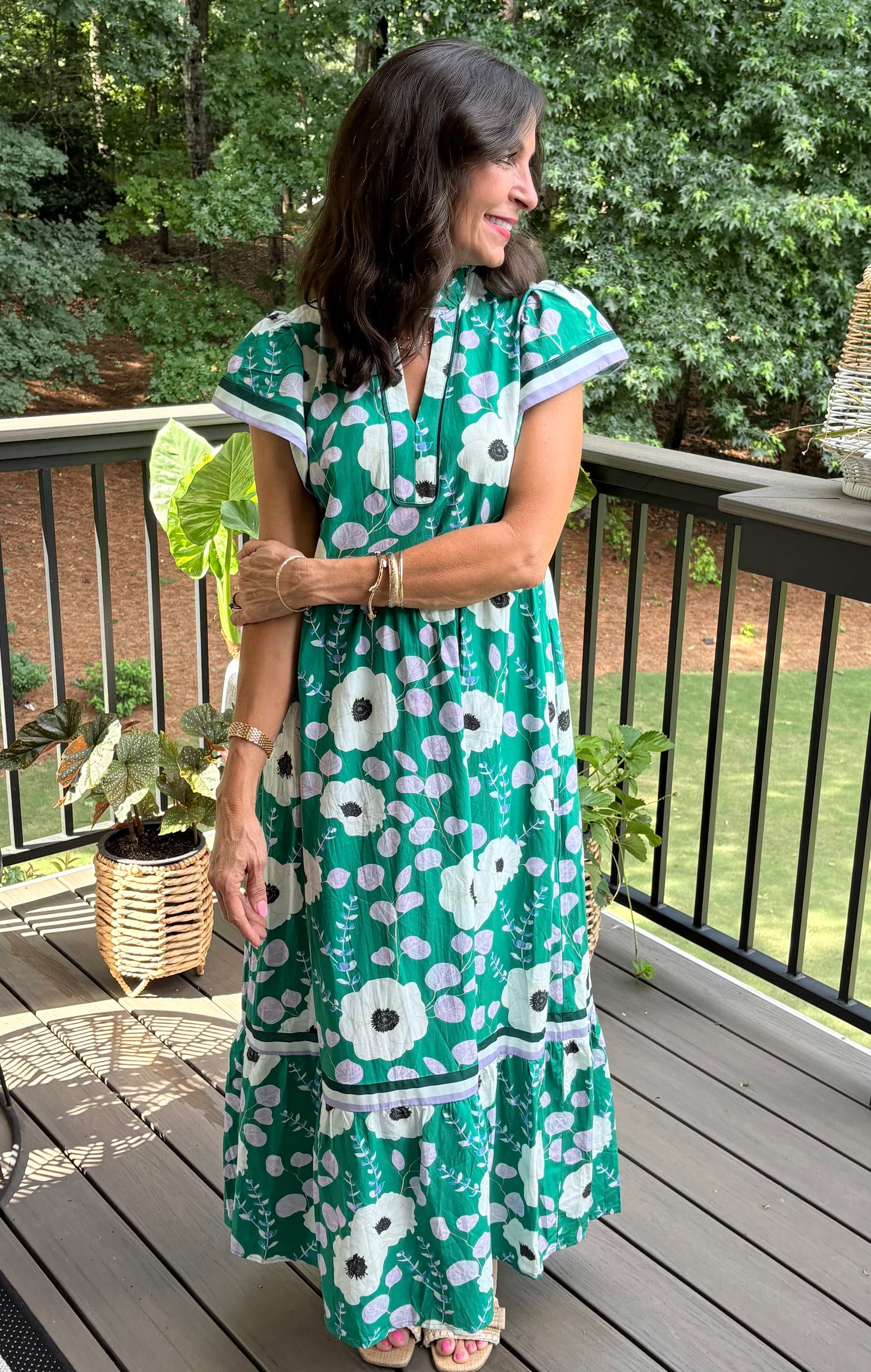 Green V Neck Ruffled Short Sleeve Flower Maxi Dress