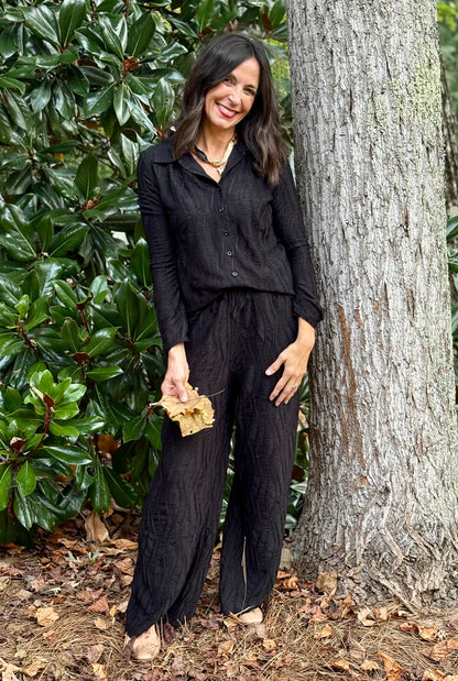 Black Textured Knit Wide Leg Pants