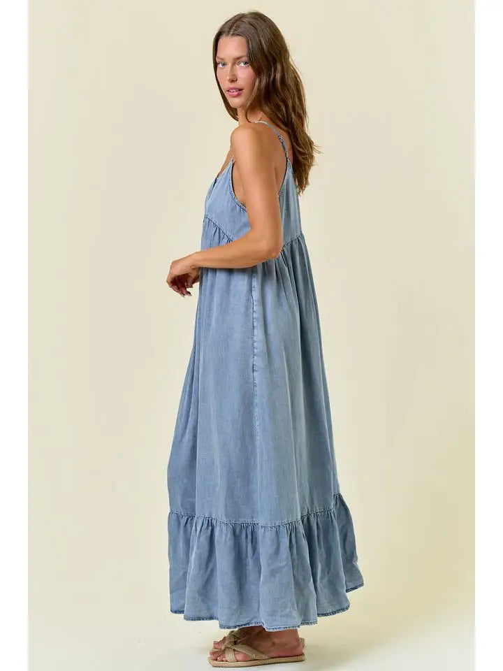 Tencel Chambray Tiered Ruffled Skirt Midi Dress