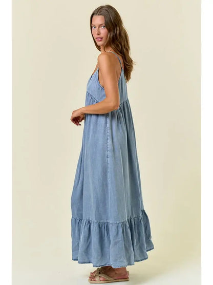 Tencel Chambray Tiered Ruffled Skirt Midi Dress