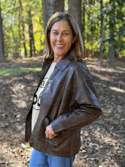 Washed Faux Leather Collared Jacket