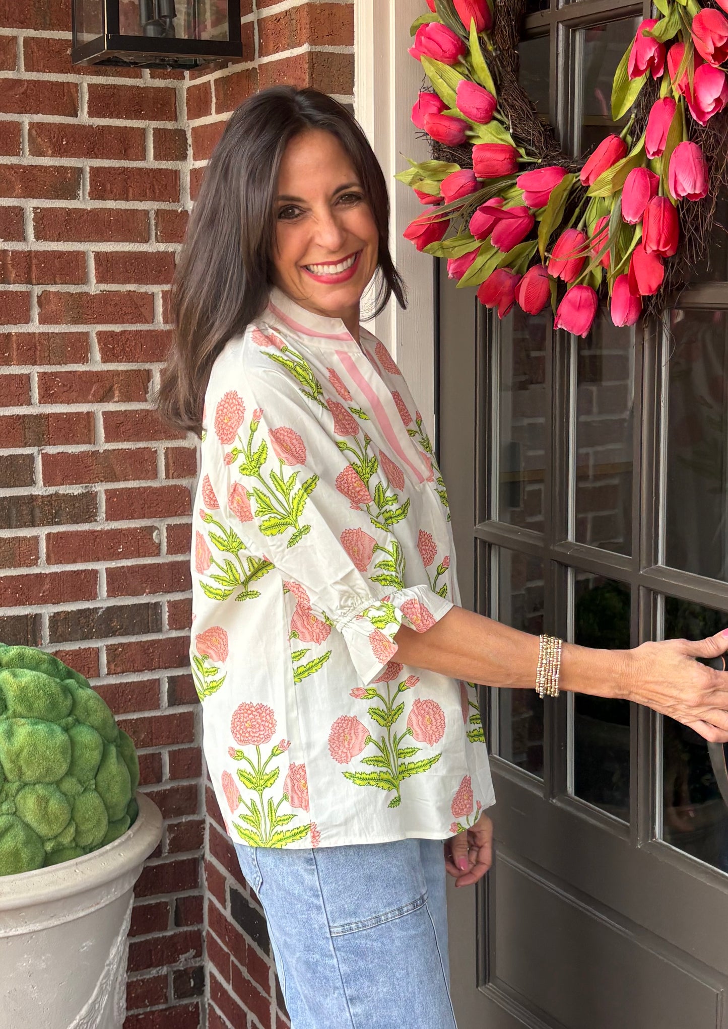 Pink and Green Floral 3/4 Sleeve Blouse