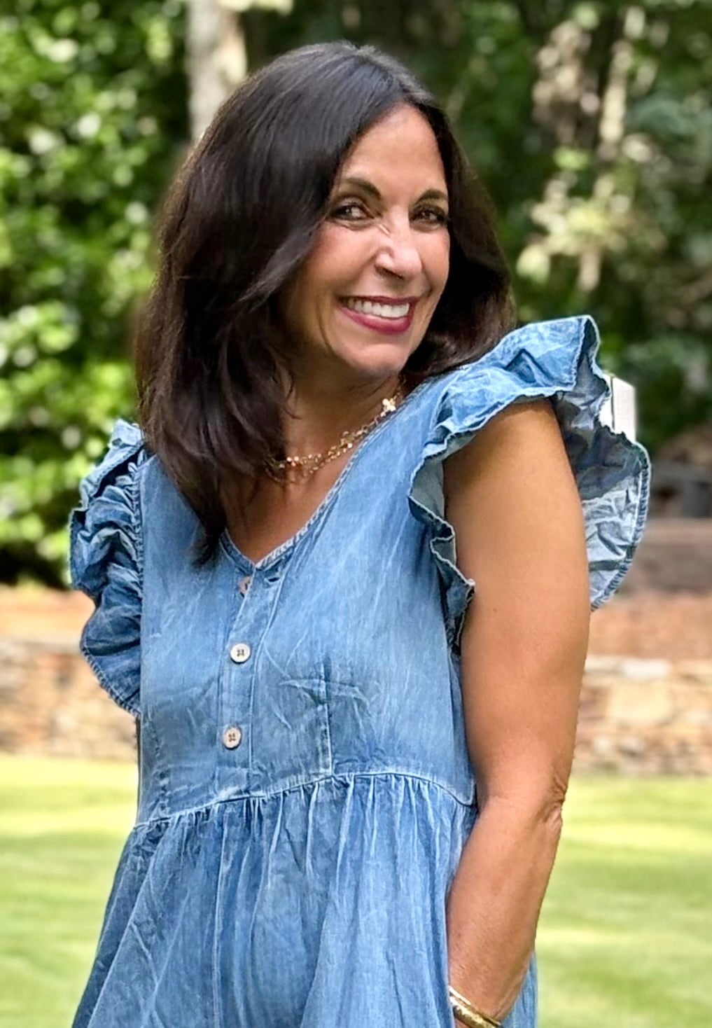 Denim ruffled short sleeve wide leg jumpsuit