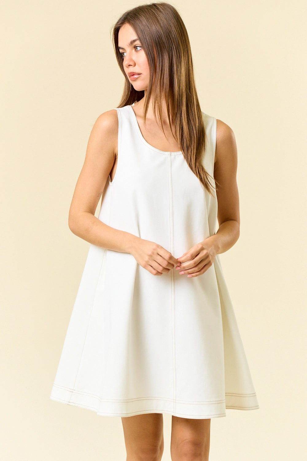 White Double Scoop Neck Contrast Top Stitched Mini Dress