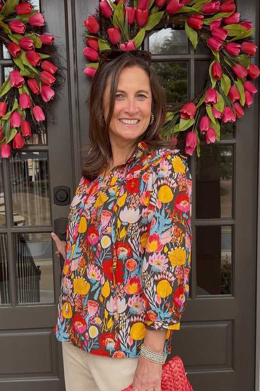 Bold Floral Puff Sleeve V Neck Blouse