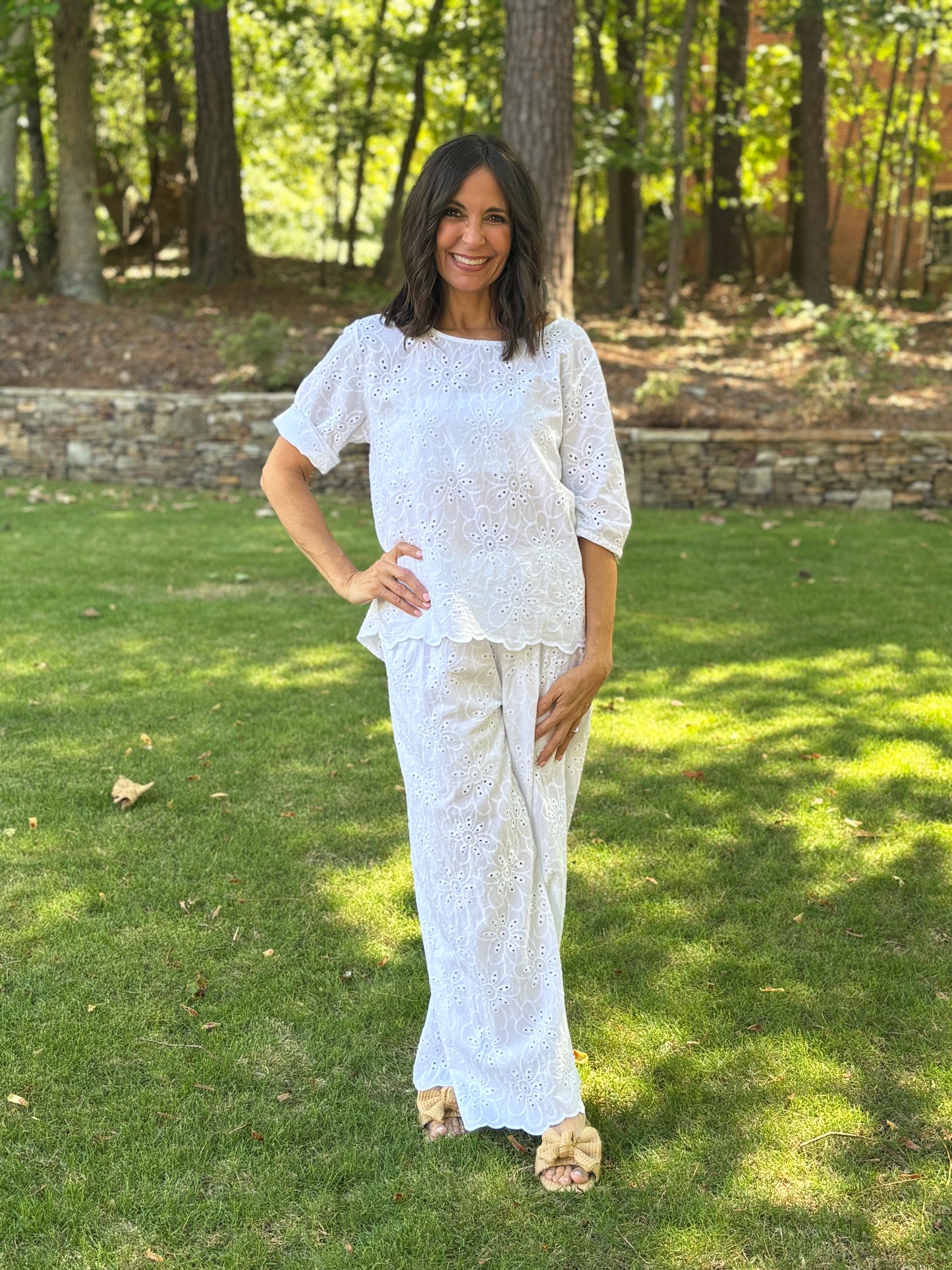 White Eyelet Scalloped Hem Pants