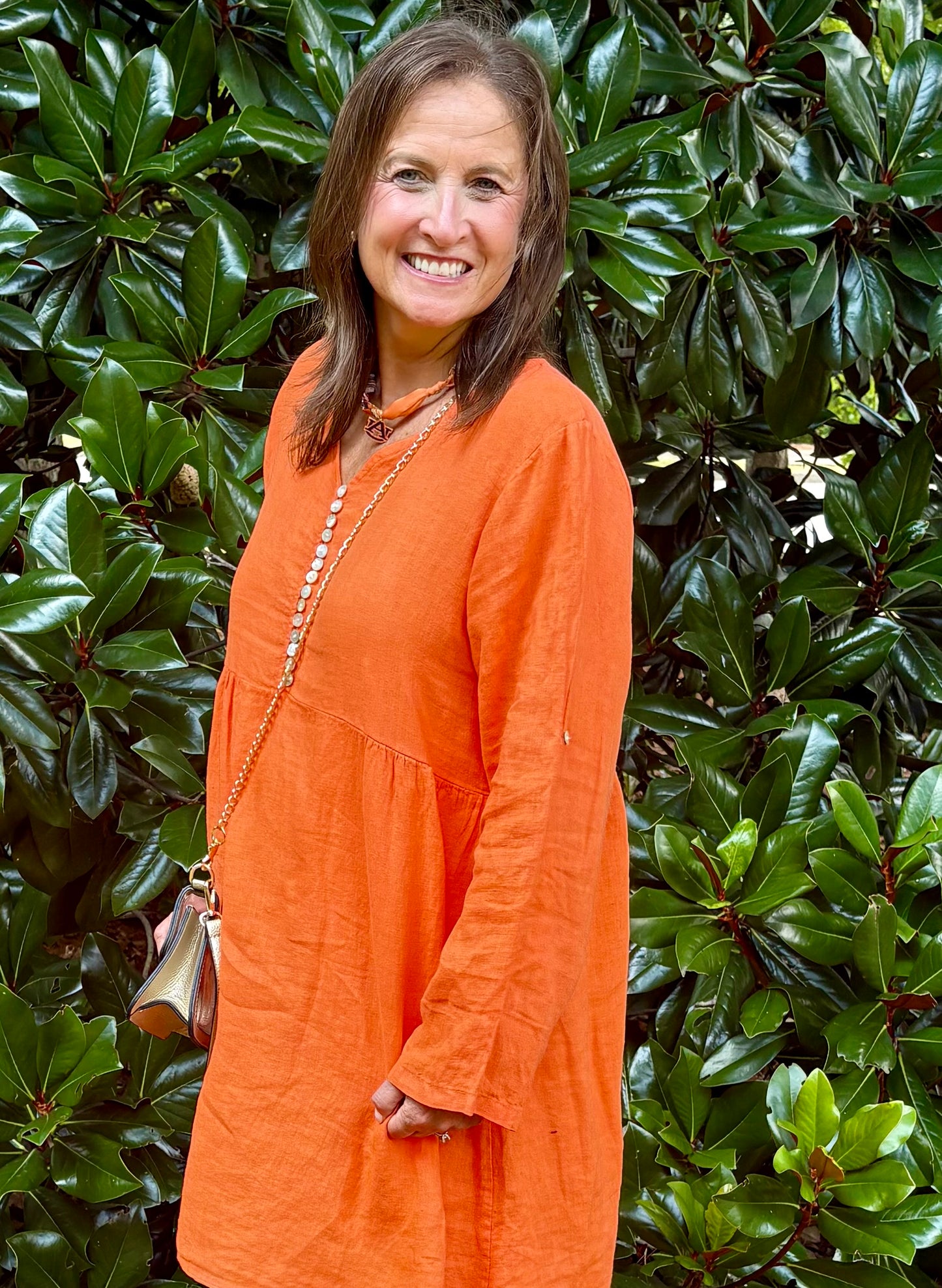 Rolled Sleeve Button V Neck Detail Linen Dress-5 colors