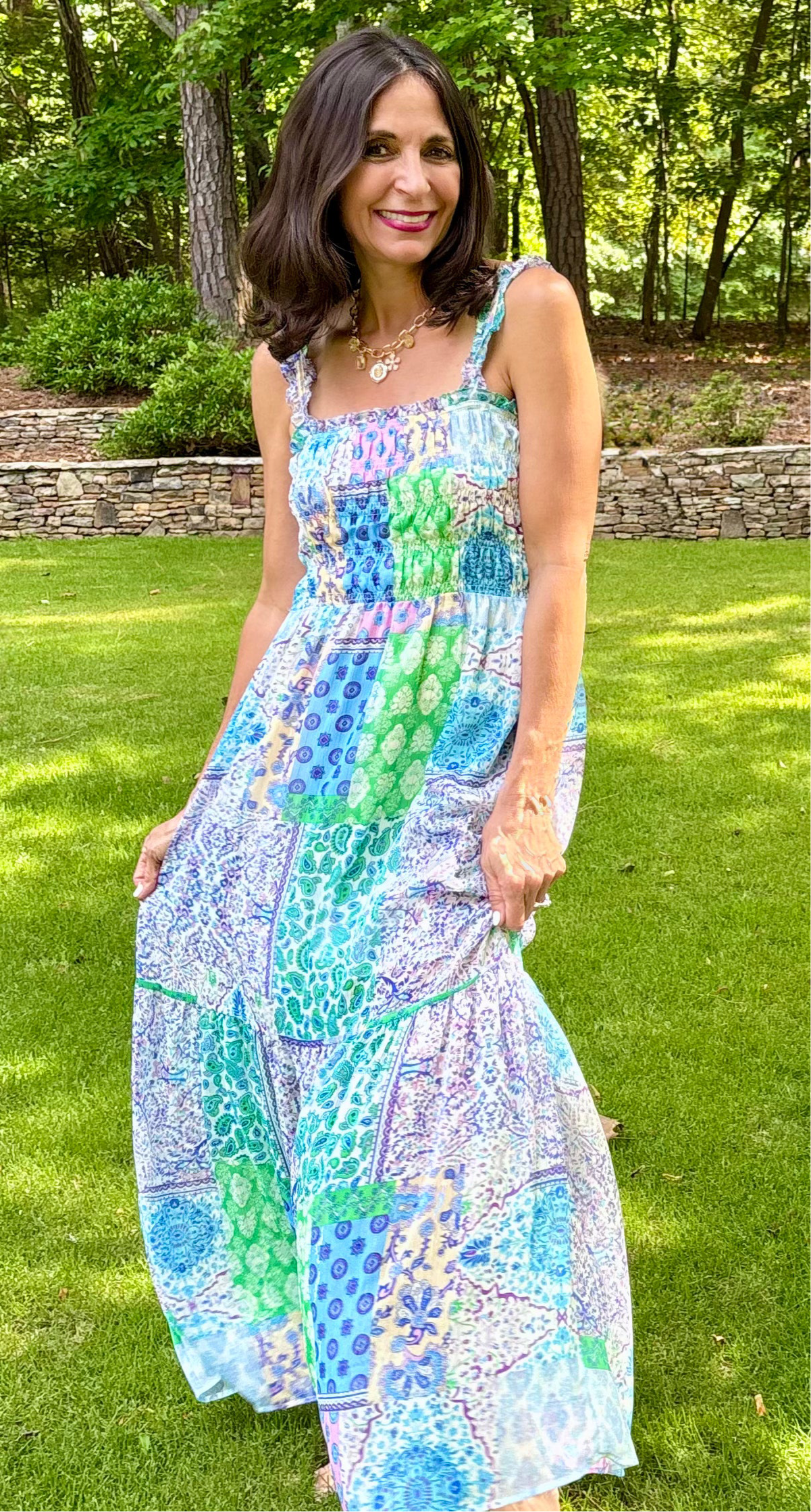 Smocked Top BLUE Patchwork Maxi Dress