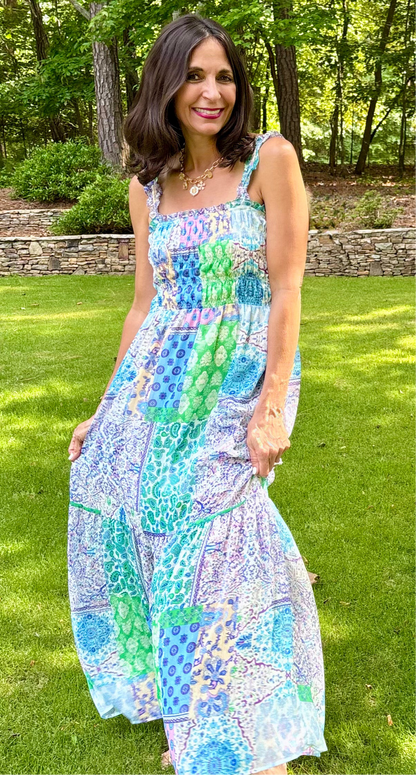 Smocked Top BLUE Patchwork Maxi Dress