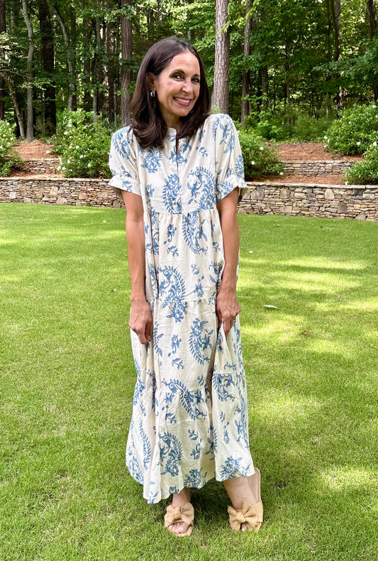 Victorian Blue Tiered Textured Midi Dress