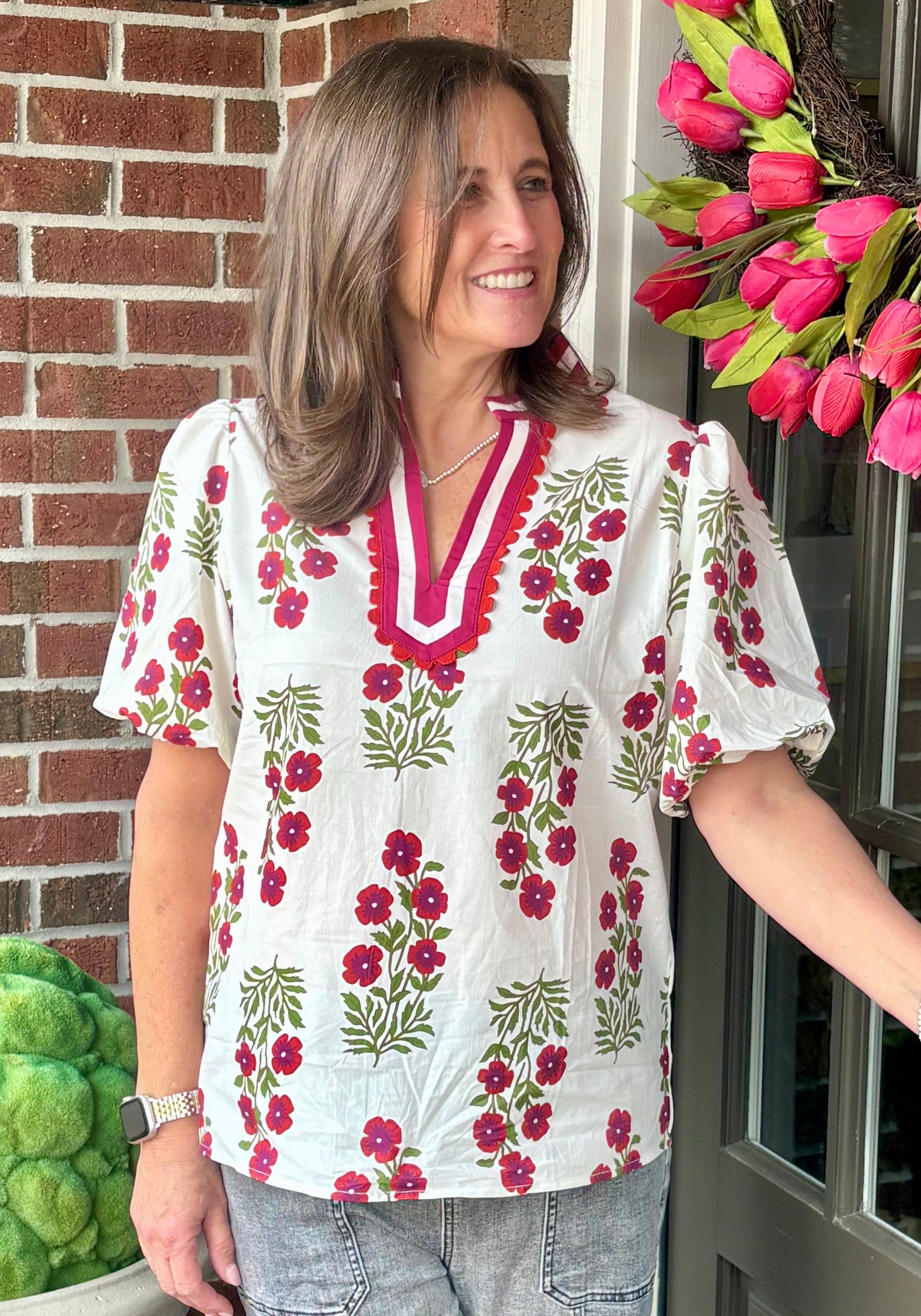 White Floral V Neck Bubble Sleeve Blouse