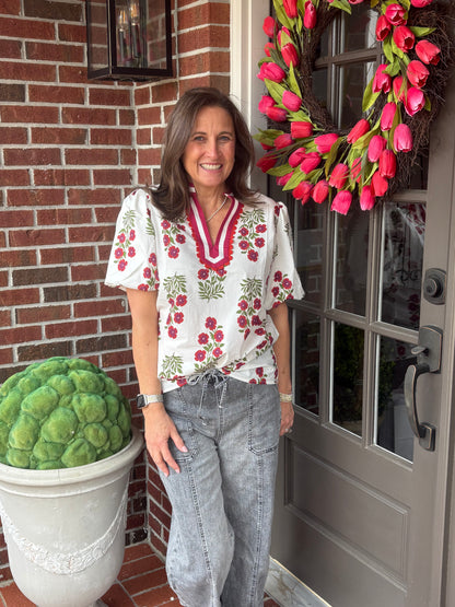 White Floral V Neck Bubble Sleeve Blouse