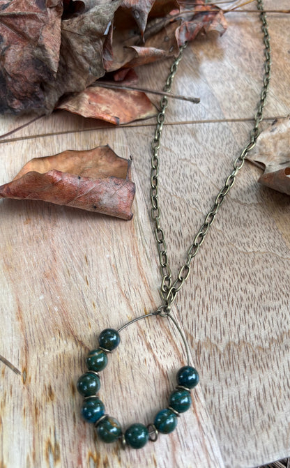 33" Beaded Green Stone Teardrop Necklace