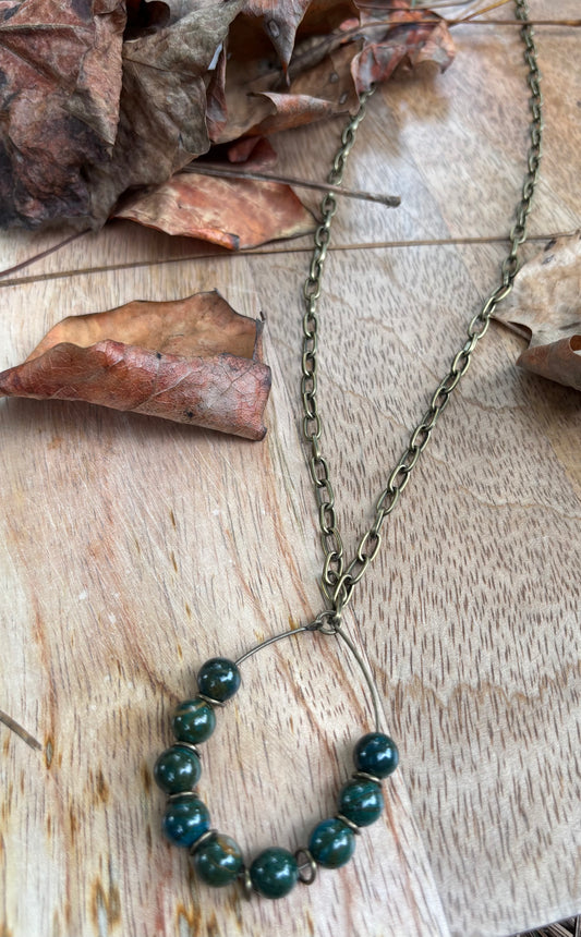 33" Beaded Green Stone Teardrop Necklace