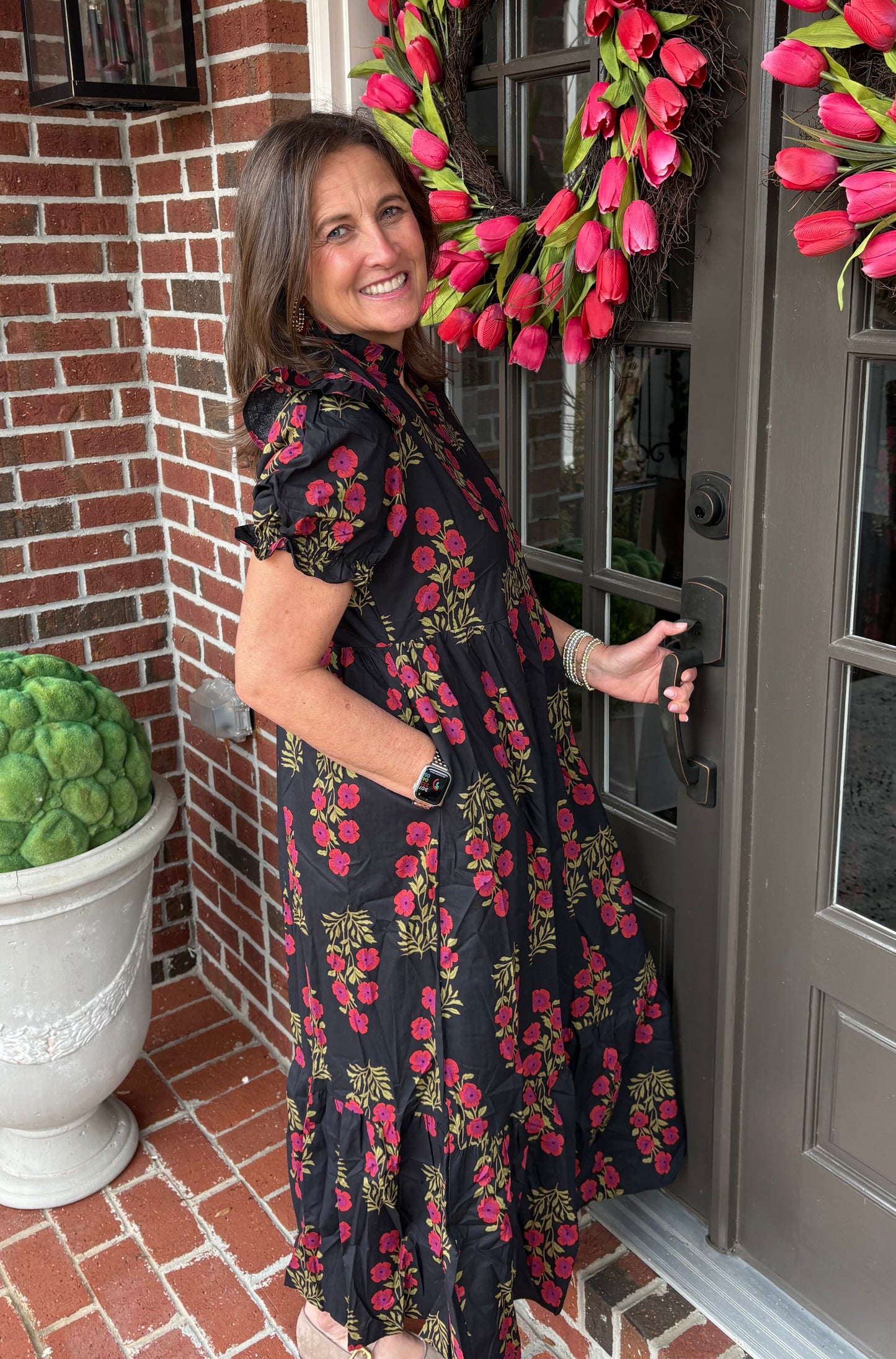 Bold Floral Bubble Short Sleeve Maxi Dress