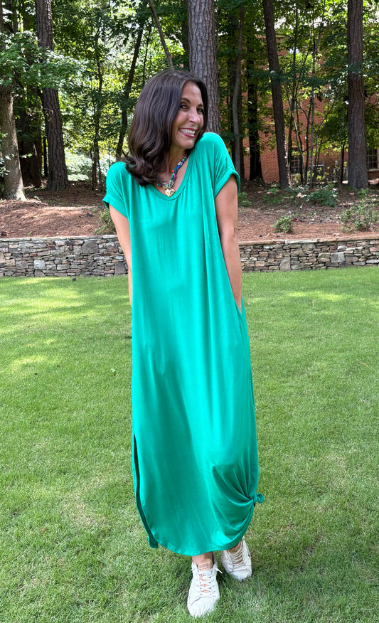 Washed Cotton V Neck Maxi Dress