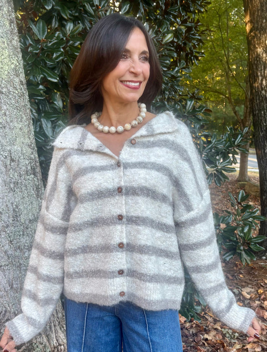 Stripe Mockneck Fuzzy Button Front Cardigan / 2 colors