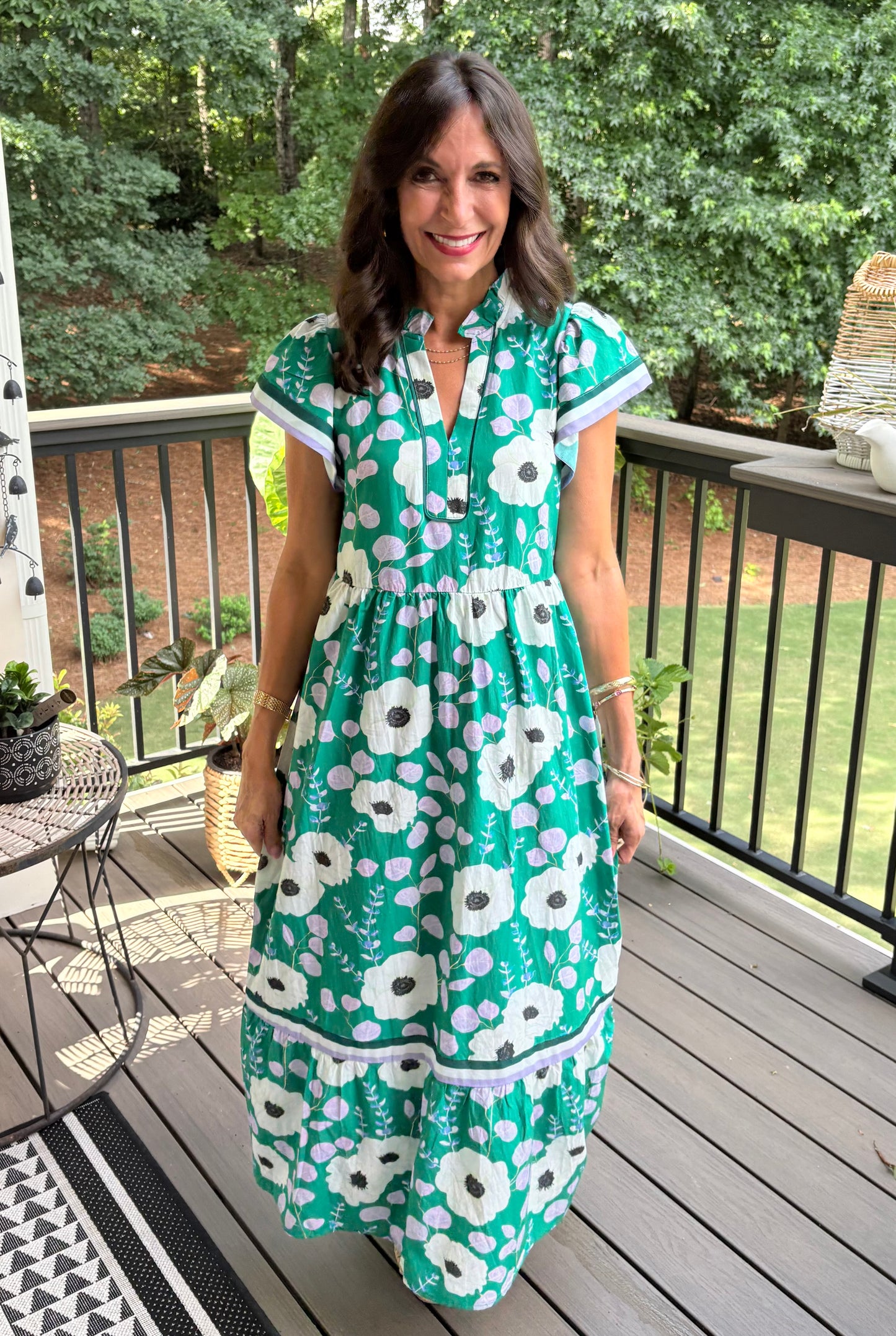 Green V Neck Ruffled Short Sleeve Flower Maxi Dress