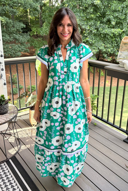 Green V Neck Ruffled Short Sleeve Flower Maxi Dress