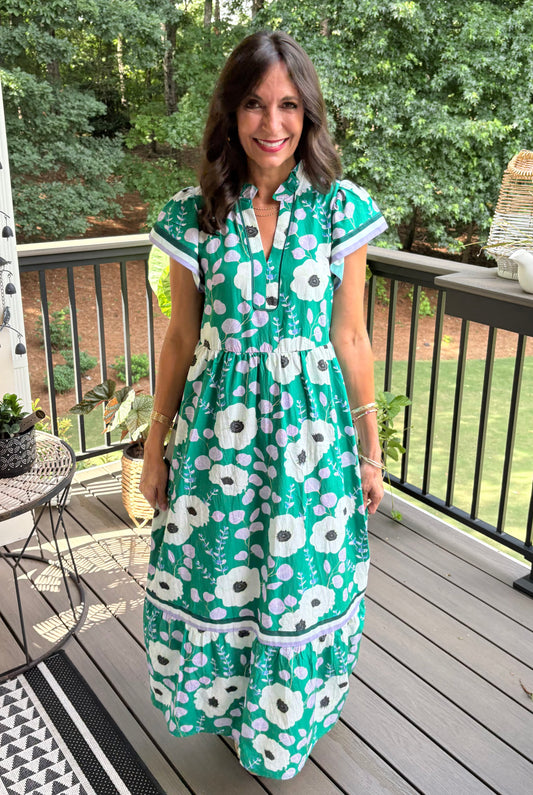 Green V Neck Ruffled Short Sleeve Flower Maxi Dress