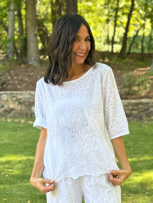 White Eyelet Scalloped Hem Short Sleeve Top