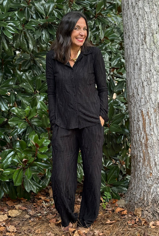 Black Textured Knit Wide Leg Pants