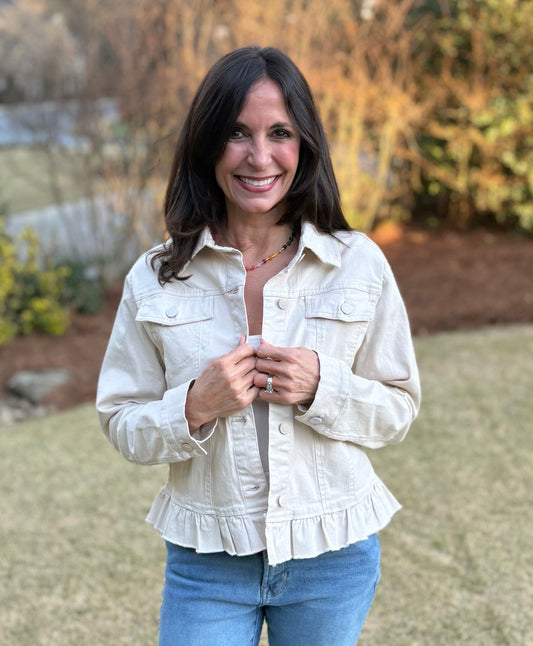 Boyfriend Peplum Hem Denim Jacket  Light Sand