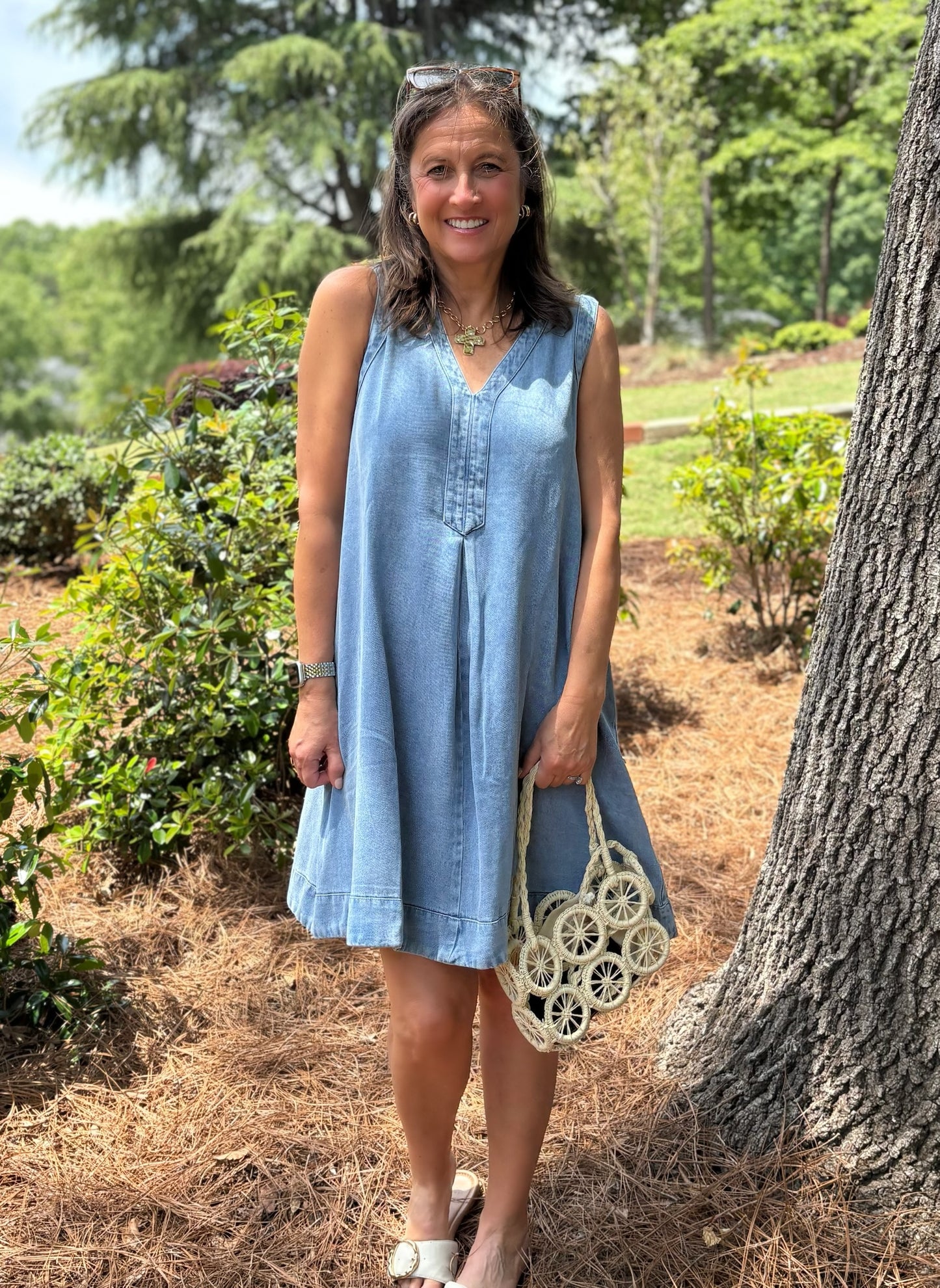 Denim V-Neck Sleeveless A-Line Dress
