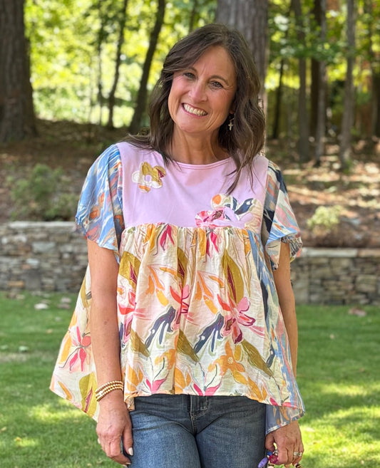 Boho Floral Flowy Short Sleeve Top