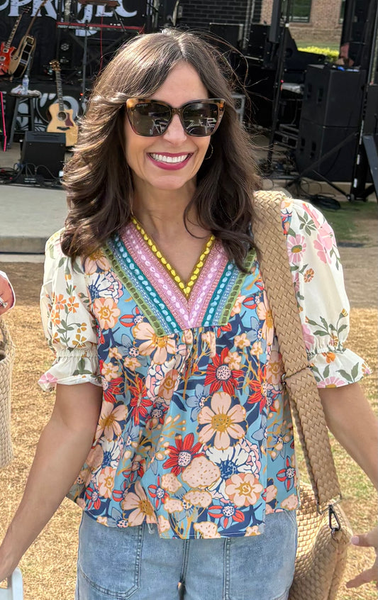 Crochet Boho Half Sleeve Floral Blouse